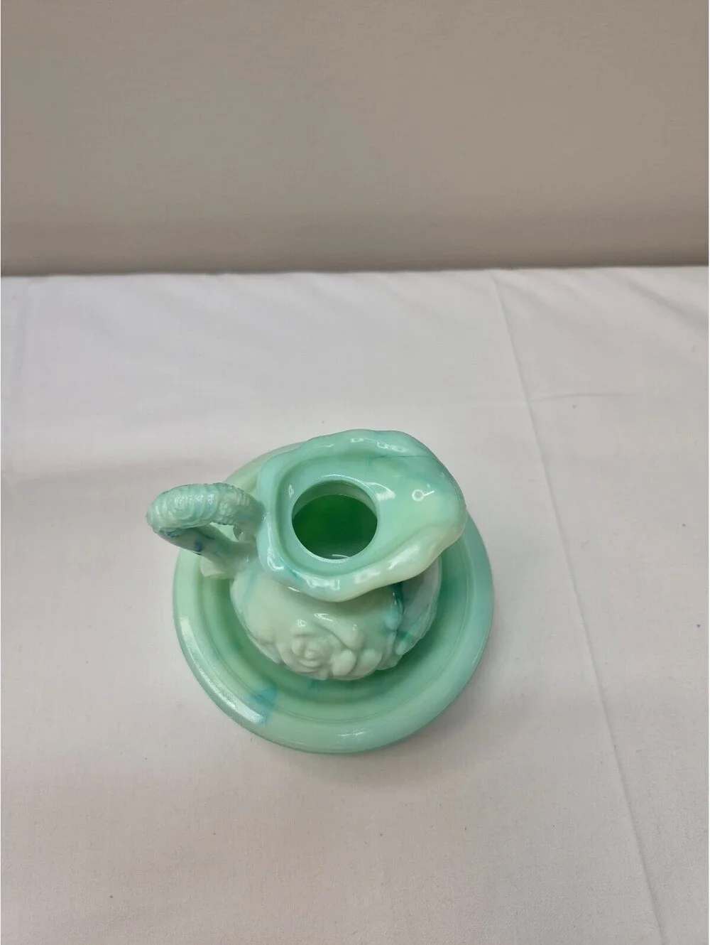 Vintage Avon Jade Green Floral Embossed Glass Pitcher with Matching Bowl J12